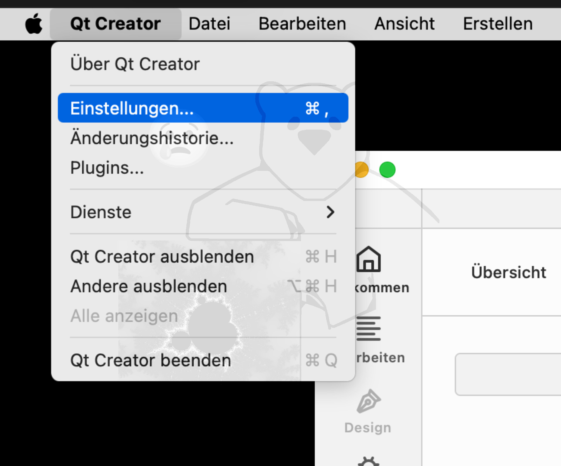 Jetzt wird der Einstellung Dialog aufgerufen, entweder über die Tastatur < CMD + , > oder Menü->QtCreator->Einstellungen