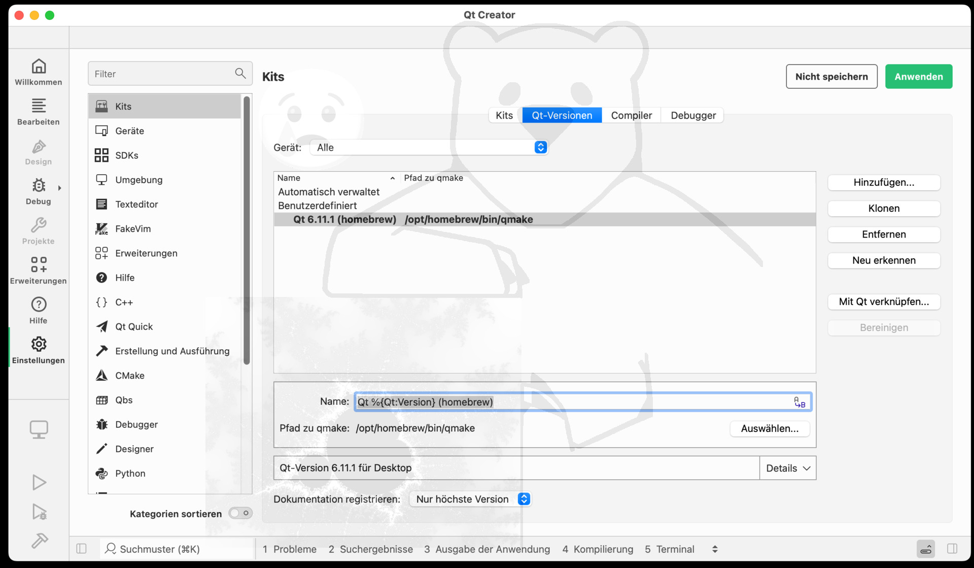 Dann sollte in der Liste die gewählte Qt-Version namentlich erscheinen - Bei mir: Qt 6.11.1 (homebrew) /opt/homebrew/bin/qmake