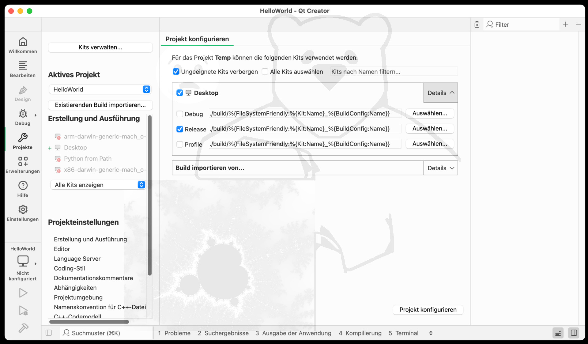 Wenn alles korrekt konfiguriert wurde, sollte jetzt der Dialog "Projekt Konfigurieren" erscheinen. Um jetzt nicht zu viel Verwirrung zu stiften, wird das Häckchen von "Debug" auf "Relese" verschoben und "Projekt konfigurieren" anklicken.