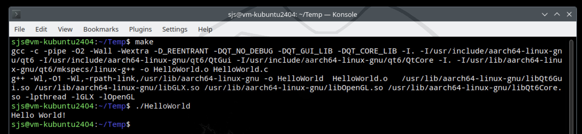 Etwas umständlich über das Terminal, aber jetzt wird der QtCreator als IDE eingerichtet was die Arbeit wesentlich erleichtern sollte.