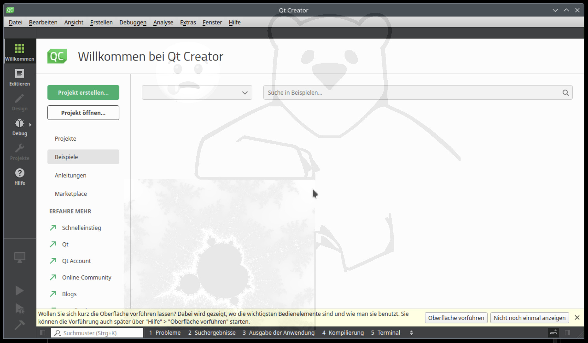 Nach dem ersten Start des QtCreator können alle Hinweise mit "Nicht noch einmal anzeigen" geschlossen werden.