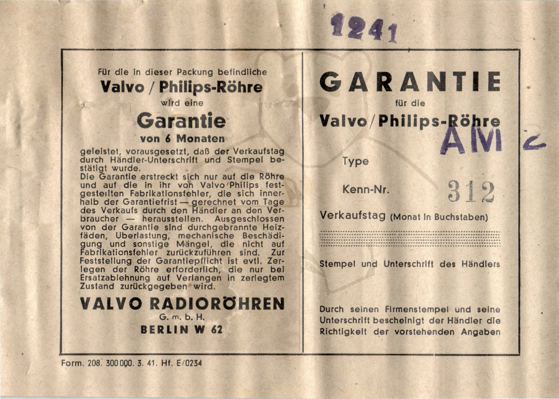 Röhre AM2 Garantiekarte Valvo-Philips