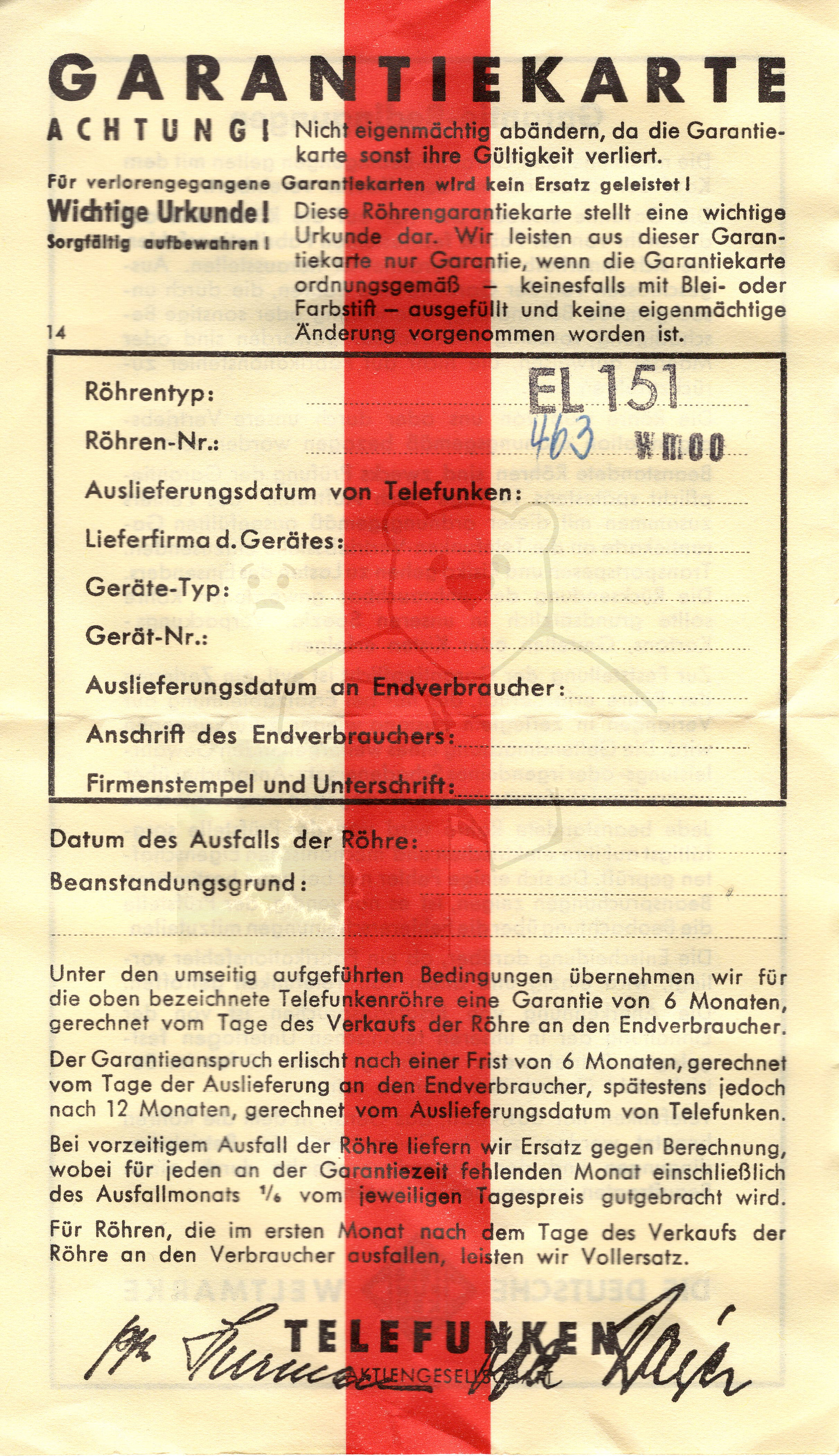 Röhre EL151 #7514 Garantiekarte Bild 1