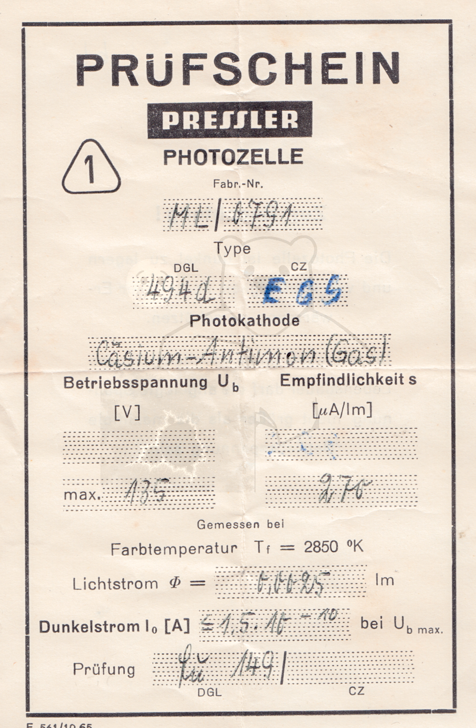 Röhre Fotozelle EG5 #8209 PrĂŒfschein Bild 1