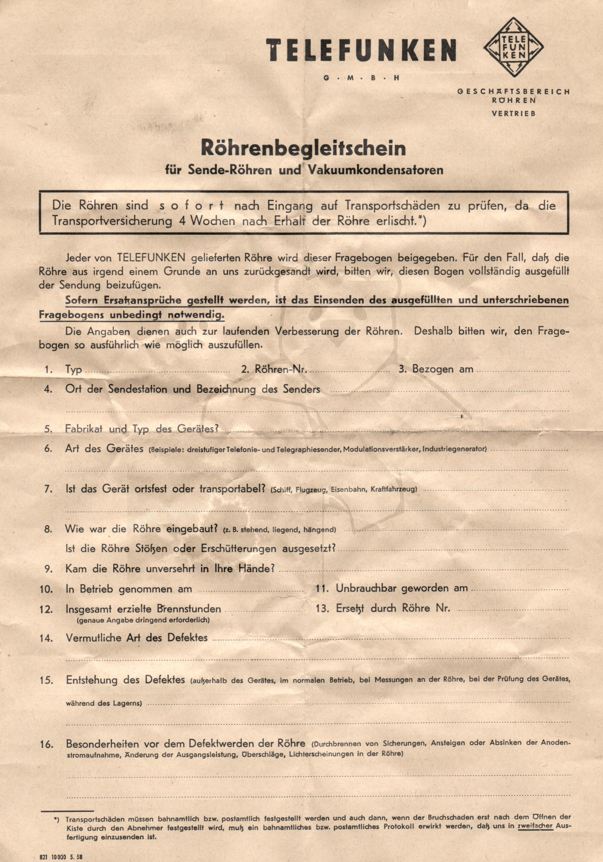 Röhre RS681 #4397 Garantiekarte Telefunken Seite 1