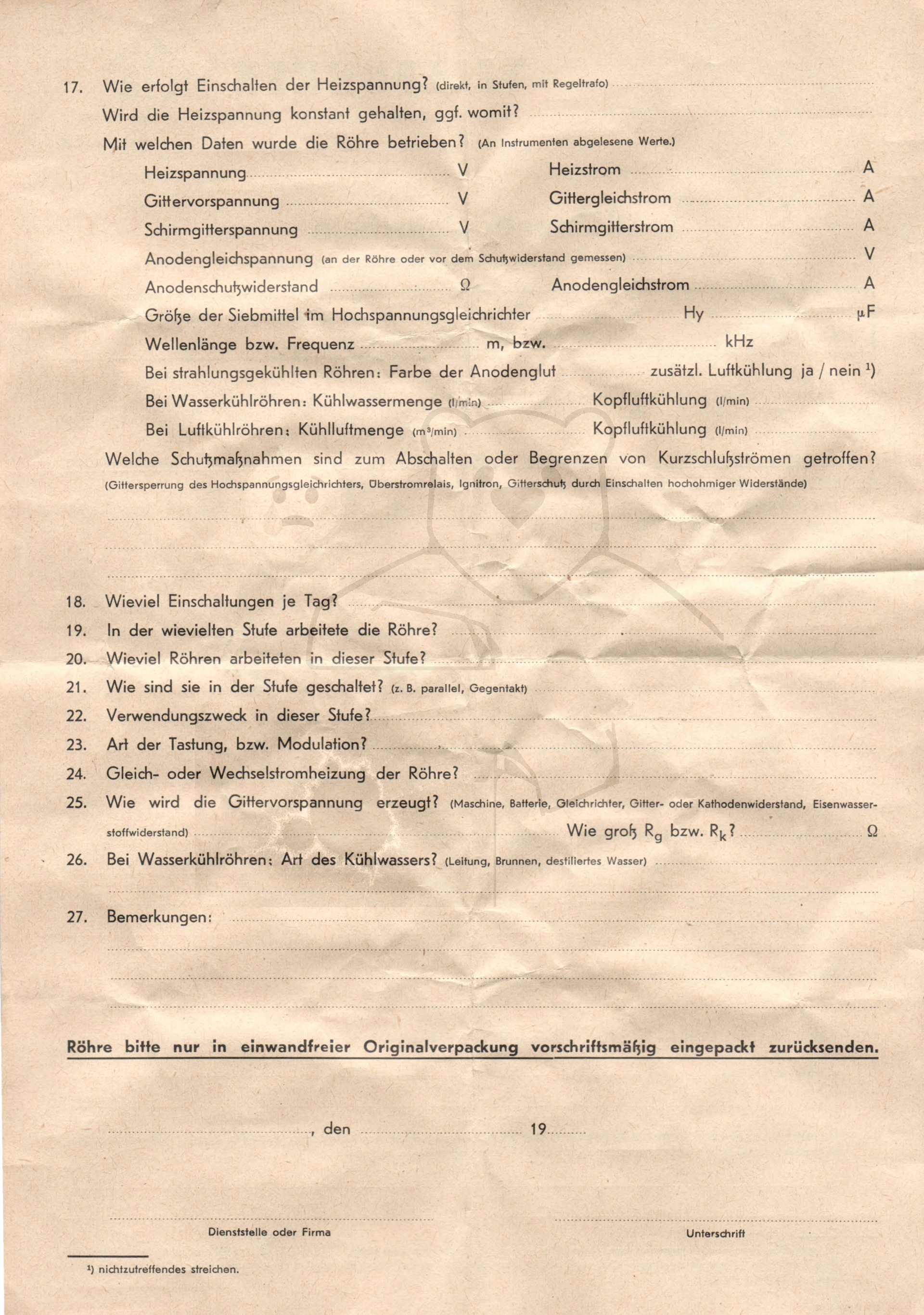 Röhre RS681 #4397 Garantiekarte Telefunken Seite 2