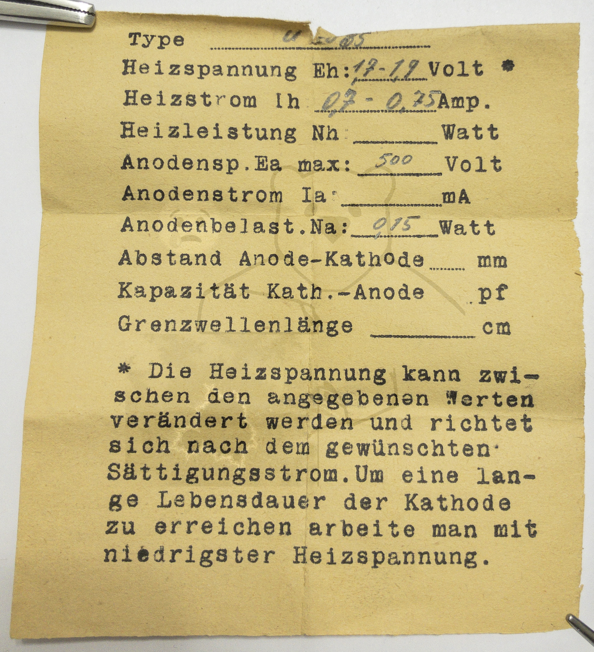 Röhre U 2085 (Gundelach) #8223 Beipackzettel