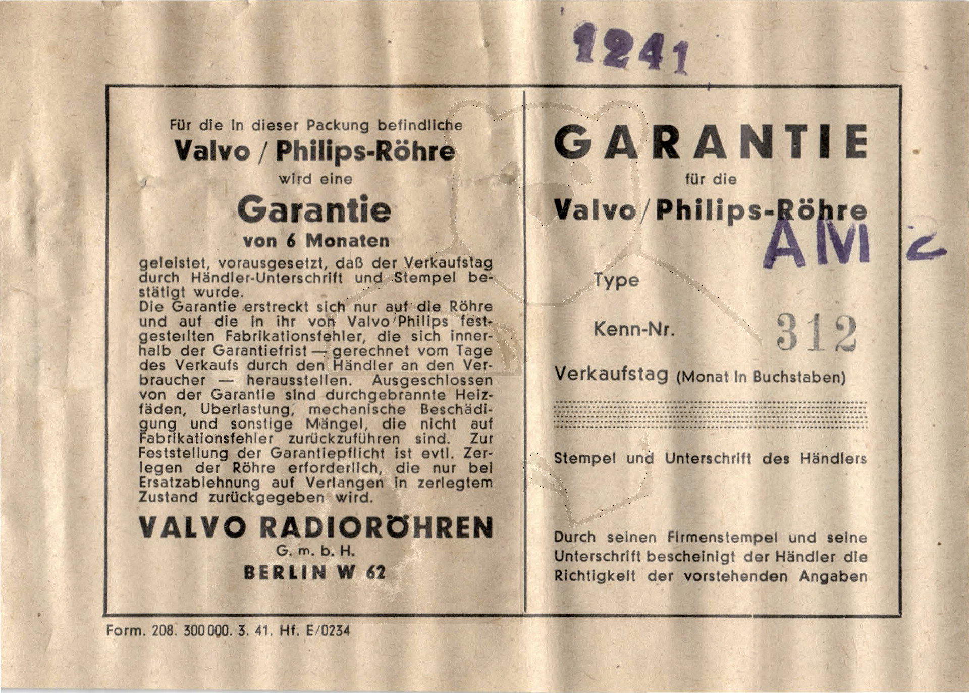 Röhre AM2 Garantiekarte Valvo-Philips